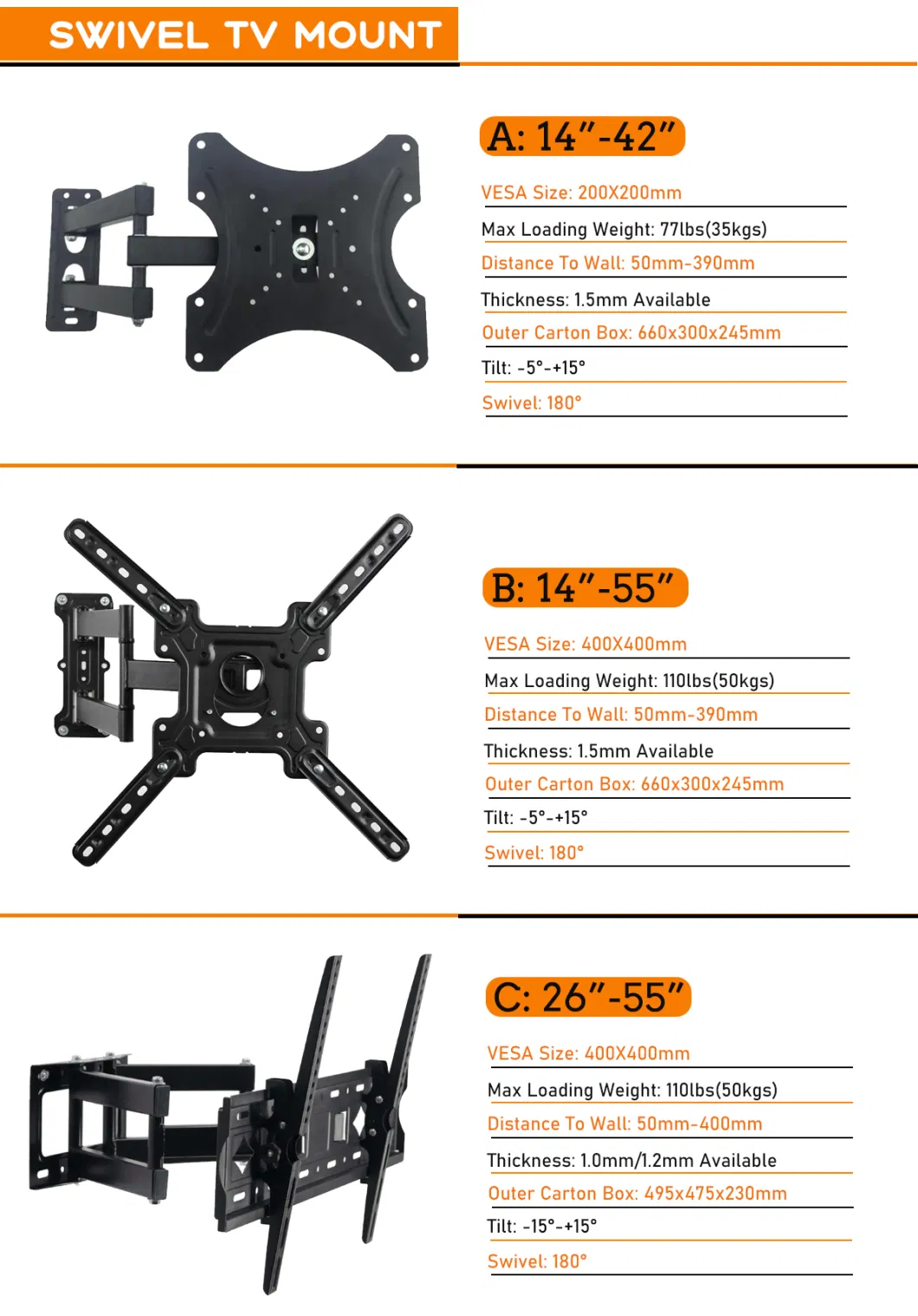 Hot Selling Swivel 90 Degree TV Wall Mount Vesa 200mm to 200mm Inch 32 TV Bracket Support