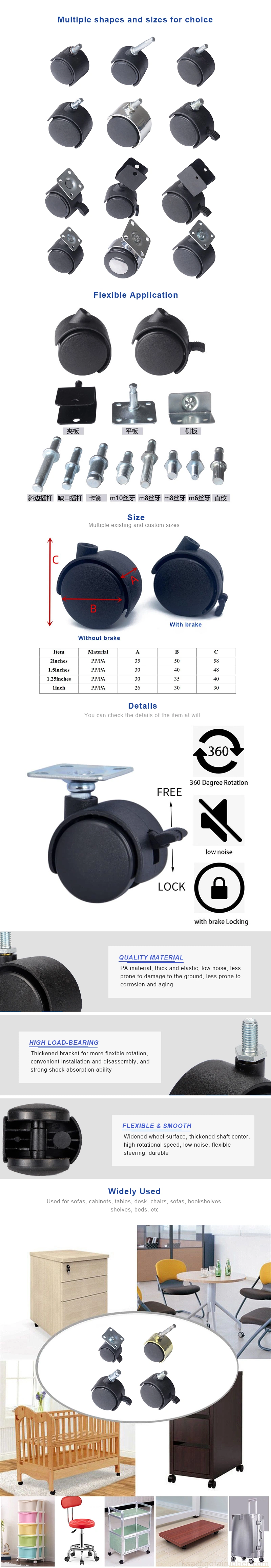 Furniture Office Chair Replacement Casters Twin Swivel Wheels Castors with Brakes